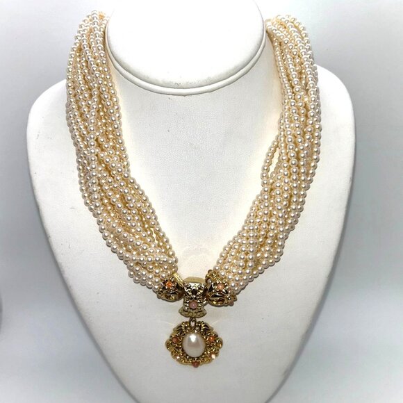 Vintage Faux Pearl Torsade Necklace With Ornate Gold-Tone Pendant & Rhinestones - Picture 1 of 14